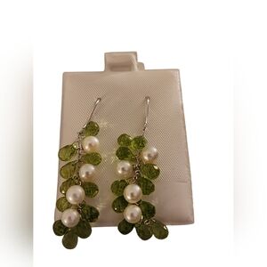 14K White Gold Peridot And Cultured Pearl Cluster Drop Earrings